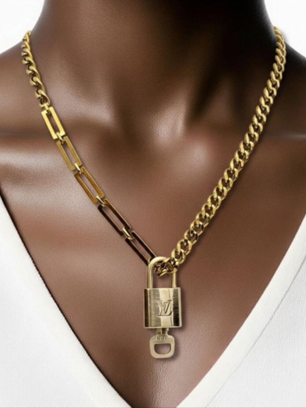 Authentic Louis Vuitton Padlock w/Unbranded Stainless Steel Gold Plated Chain